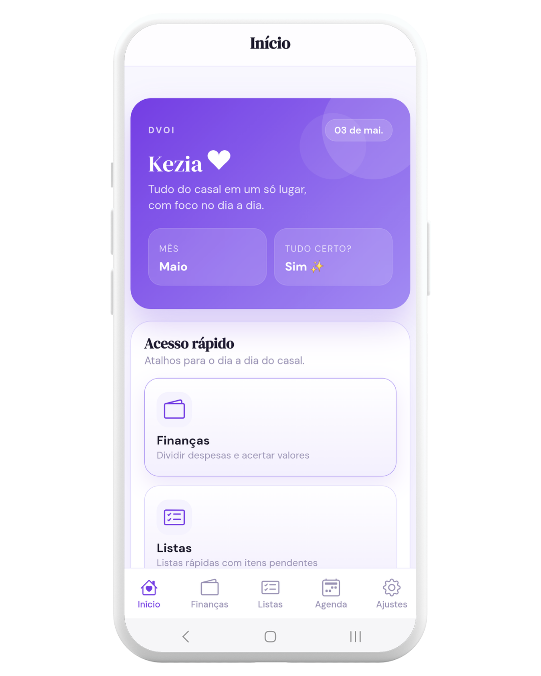 Mockup do app Dvoi mostrando a tela inicial com gastos, listas e agenda